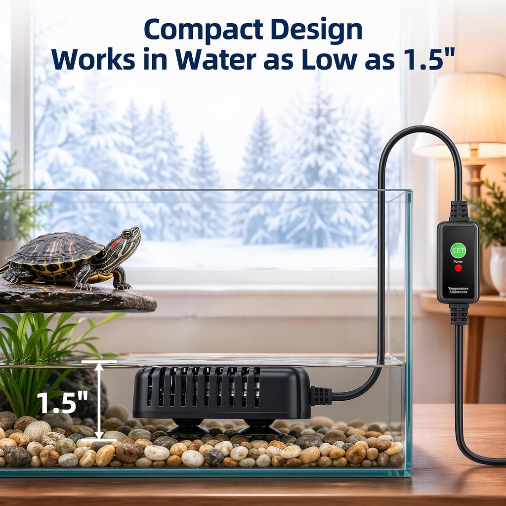 Adjustable Turtle Tank Heater: Precise Temperature Control 64-95℉ | Deviation of Less 1.8F - Keep 1-10 Gallon 1.5" Shallow Water Turtle Tank Steady & Safe - External Controller Easy to Adjust
