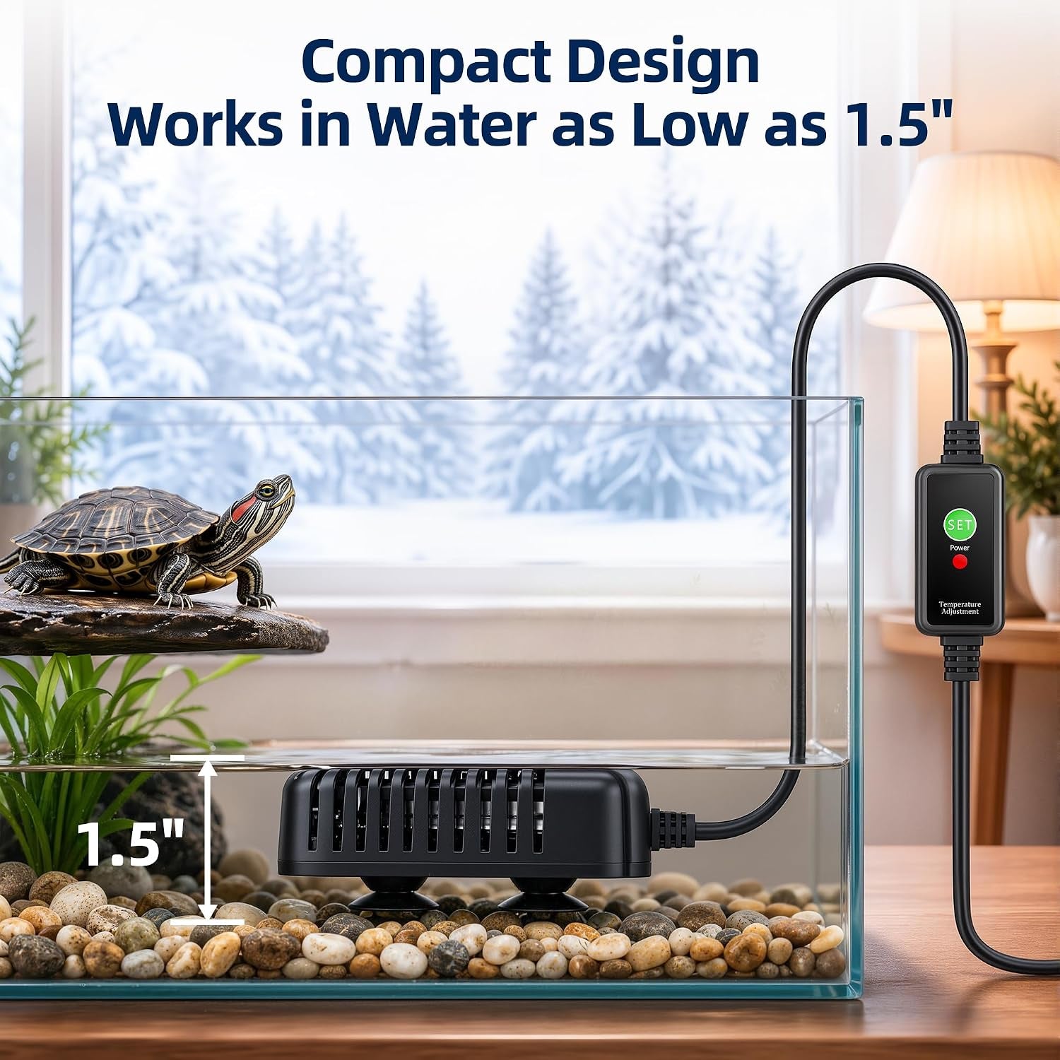 Adjustable Turtle Tank Heater: Precise Temperature Control 64-95℉ | Deviation of Less 1.8F - Keep 1-10 Gallon 1.5" Shallow Water Turtle Tank Steady & Safe - External Controller Easy to Adjust