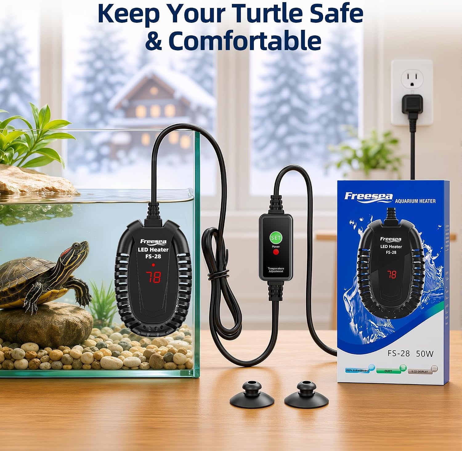 Adjustable Turtle Tank Heater: Precise Temperature Control 64-95℉ | Deviation of Less 1.8F - Keep 1-10 Gallon 1.5" Shallow Water Turtle Tank Steady & Safe - External Controller Easy to Adjust
