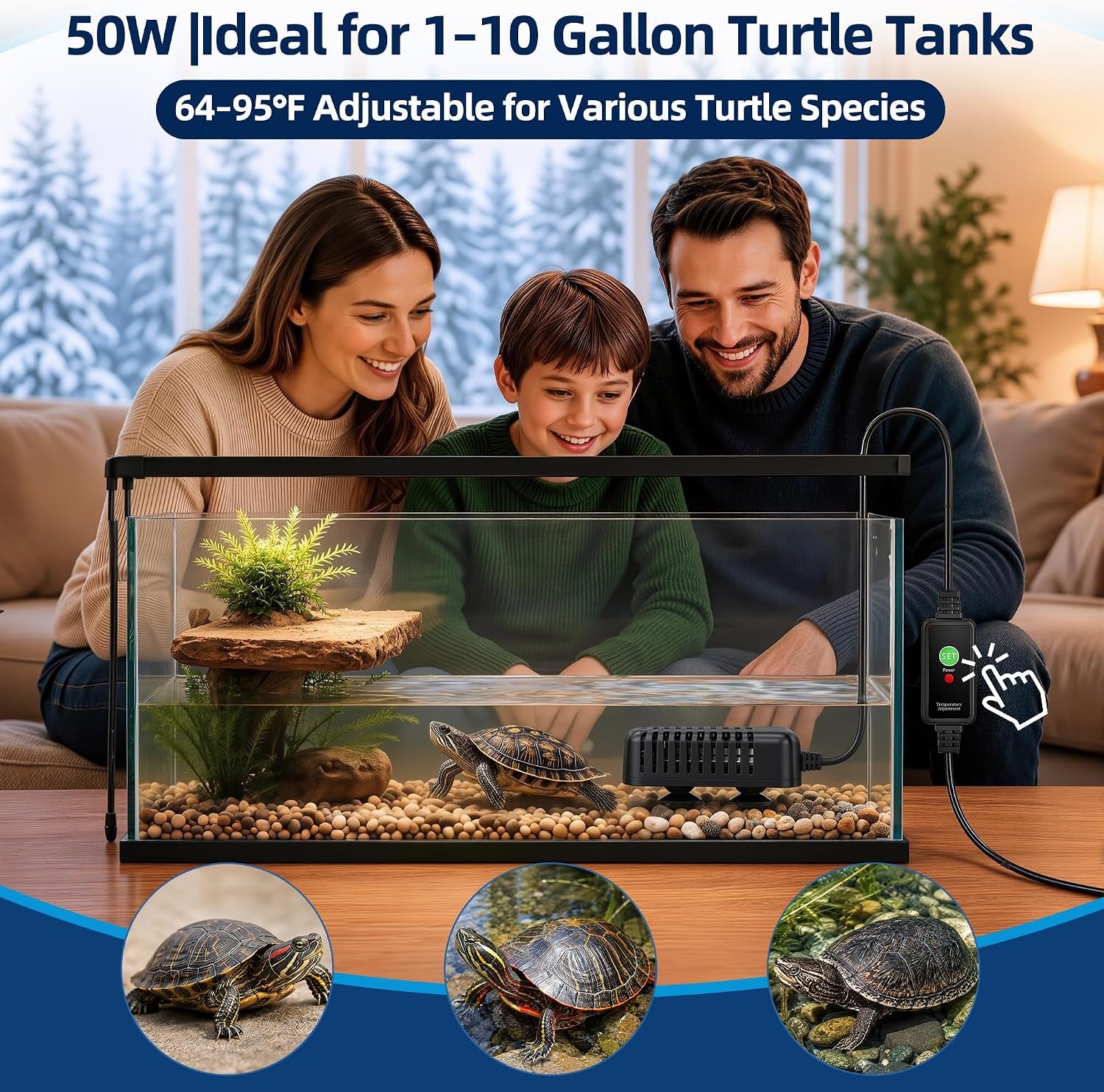 Adjustable Turtle Tank Heater: Precise Temperature Control 64-95℉ | Deviation of Less 1.8F - Keep 1-10 Gallon 1.5" Shallow Water Turtle Tank Steady & Safe - External Controller Easy to Adjust