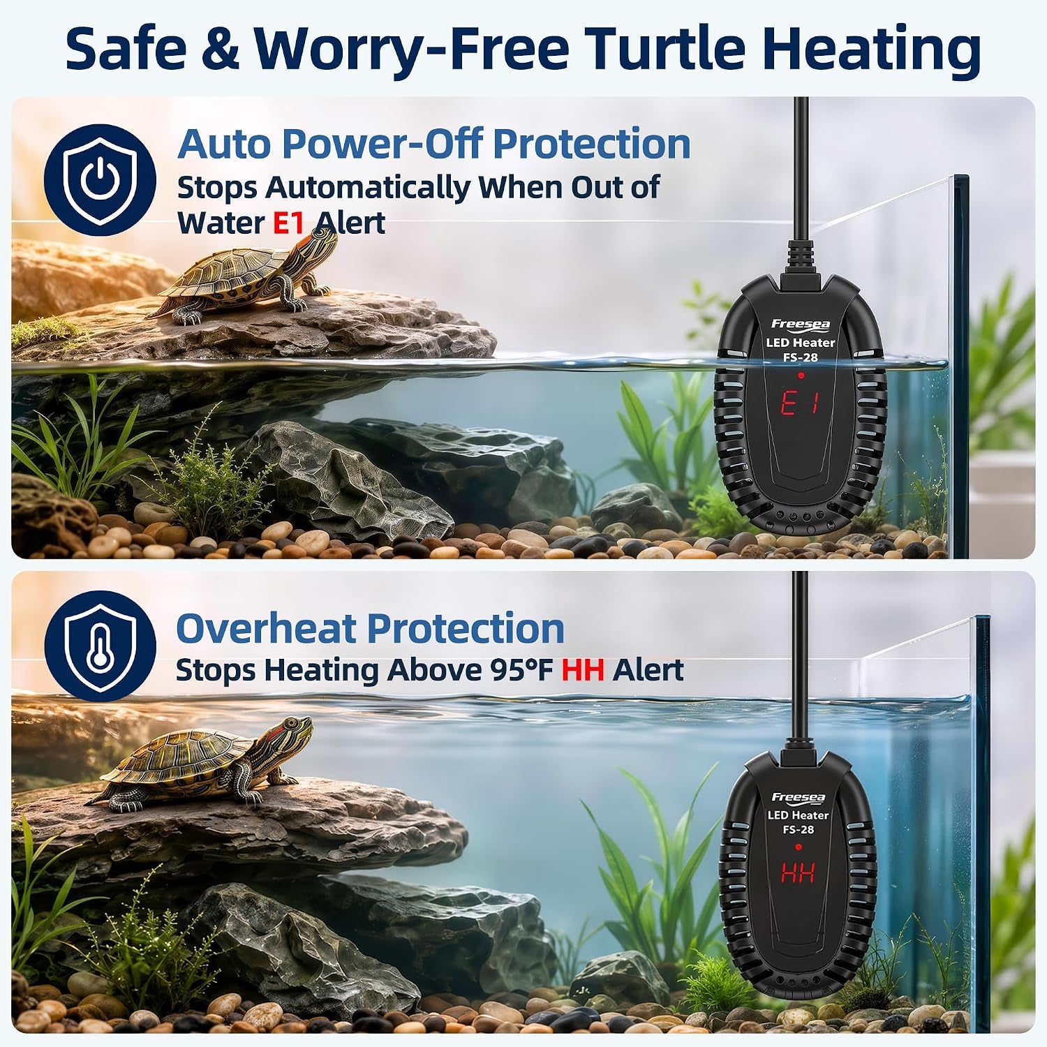 Adjustable Turtle Tank Heater: Precise Temperature Control 64-95℉ | Deviation of Less 1.8F - Keep 1-10 Gallon 1.5" Shallow Water Turtle Tank Steady & Safe - External Controller Easy to Adjust