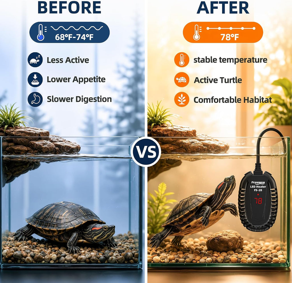 Adjustable Turtle Tank Heater: Precise Temperature Control 64-95℉ | Deviation of Less 1.8F - Keep 1-10 Gallon 1.5" Shallow Water Turtle Tank Steady & Safe - External Controller Easy to Adjust