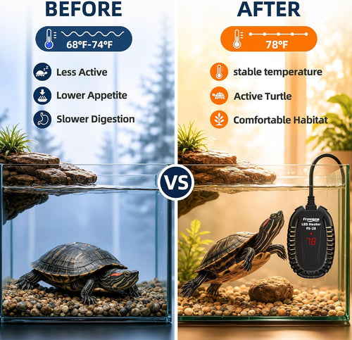 Adjustable Turtle Tank Heater: Precise Temperature Control 64-95℉ | Deviation of Less 1.8F - Keep 1-10 Gallon 1.5" Shallow Water Turtle Tank Steady & Safe - External Controller Easy to Adjust
